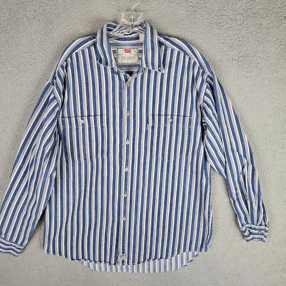 Levi's 90s Button Down Mens L Blue Striped Denim Workwear Long Sleeve Shirt